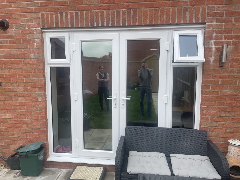 Privacy window film installed on two patio doors