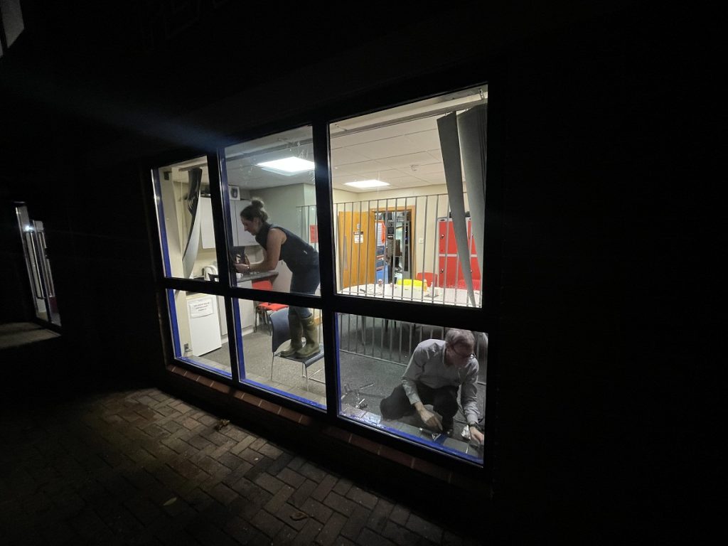 Energy Saving Window Film being installed in the canteen area viewed from outside