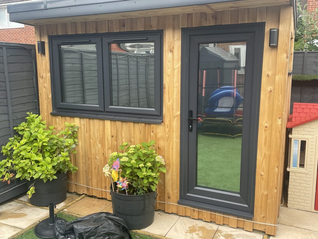 Privacy window film installed on a garden shed